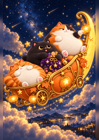 でぶにゃんこ 月夜のかぼちゃ。星空に浮かぶかぼちゃの乗り物と3匹の猫