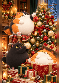 でぶにゃんこ ツリーの準備。クリスマスツリーを飾る3匹の猫